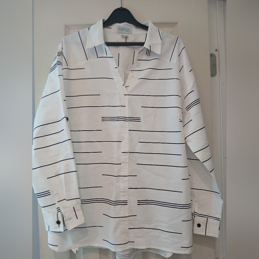 White and Black Striped Woman  Blouse